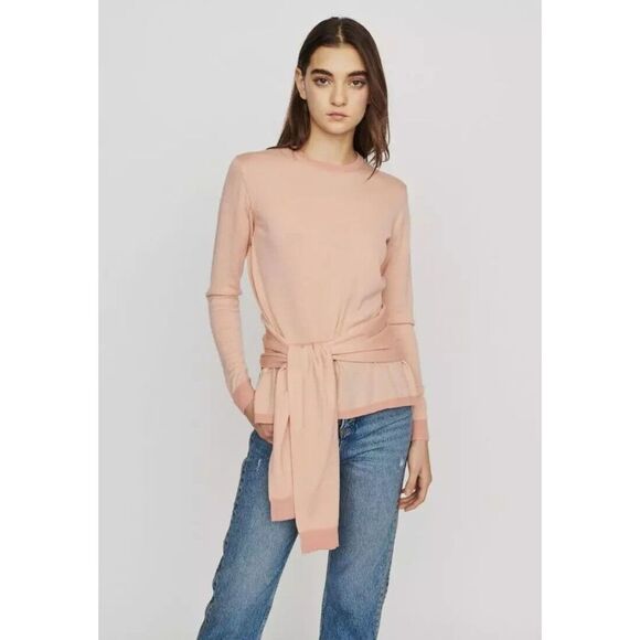 MAJE Blush Pink Peach 100% Wool Meryla Corail Front Tie Crewneck Light Sweater 2 - Picture 1 of 11